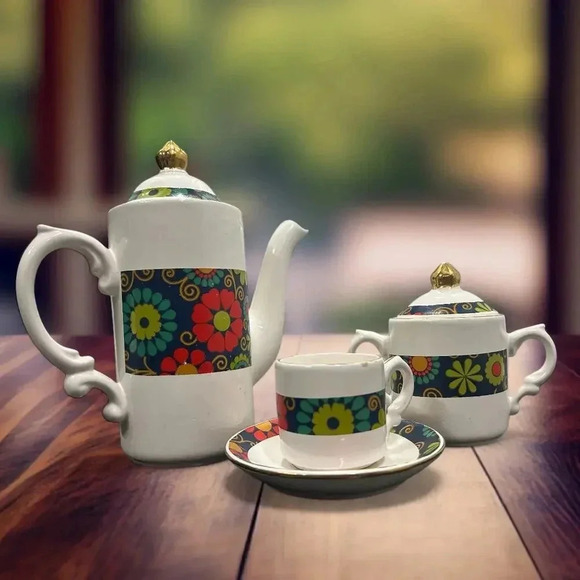 None and/or Unknown Other - Mid Century Vintage 1970s Mod Psychedelic Flower Power 3 Piece Espresso Set